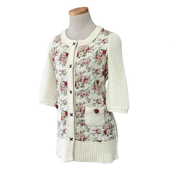 Anthropologie HWR Monogram Jacket Women's XS Extra Small Cream Floral Denim Knit - Picture 3 of 15